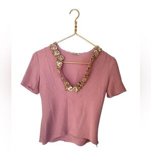 MIU MIU Pink Gold Sequins Croppes Short Sleeve Blouse Top Size 40 | Small Medium